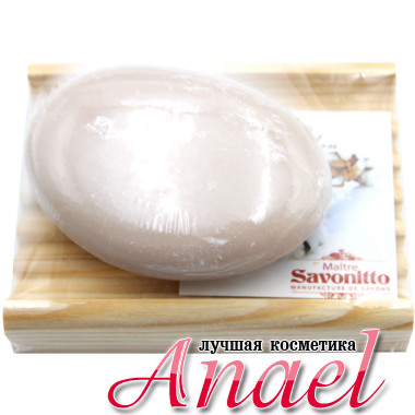 Savonitto Туалетное мыло в виде камушка «Цветок хлопчатника» в деревянной мыльнице Savon Dois Fleur de Coton (95 гр)